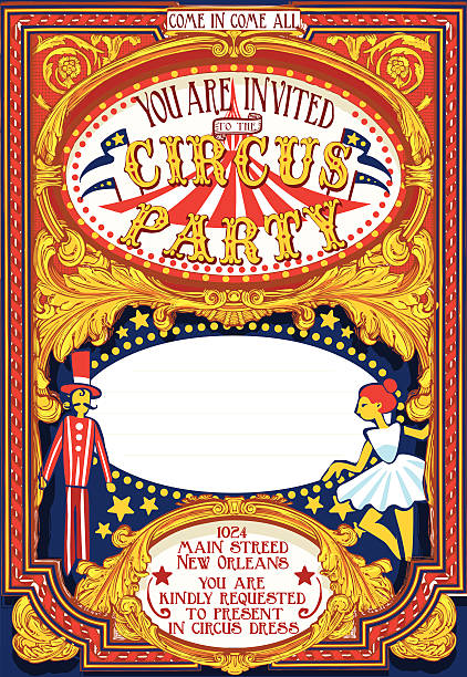 ilustraciones, imágenes clip art, dibujos animados e iconos de stock de fiesta cartel invitación de circo carnaval - playbill