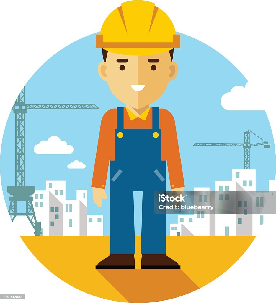 Builder on construction background in flat style Builder worker on on construction background with buildings and tower cranes 2015 stock vector