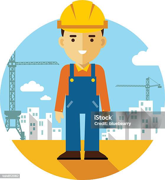 Builder On Construction Background In Flat Style Stock Illustration - Download Image Now - 2015, Adult, Adults Only