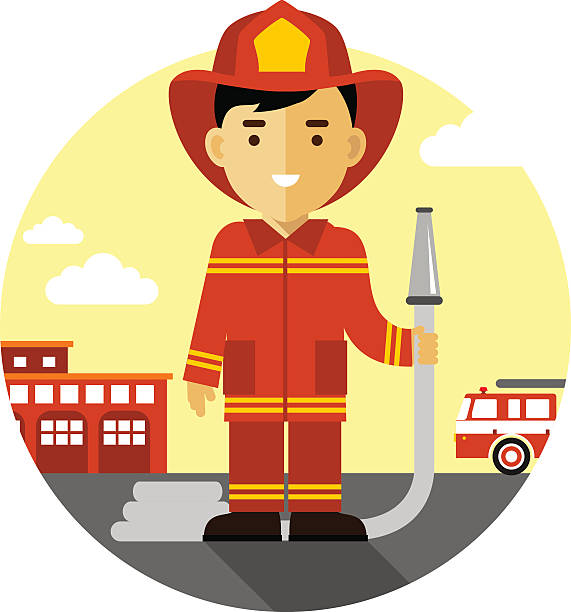 Firefighter With Fire Hose In Flat Style Stock Illustration - Download  Image Now - Firefighter, Child, Fire Station - iStock