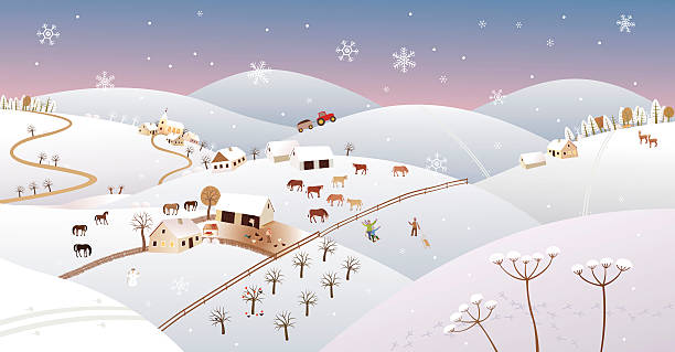 ilustraciones, imágenes clip art, dibujos animados e iconos de stock de agricultor paisaje de invierno - tobogganing vector winter snow