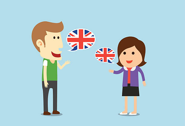 kobiety i mężczyzna rozmowa angielski - hello angielskie słowo stock illustrations