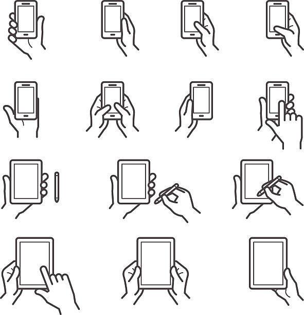 Vector line art of hands holding digital devices Mobile Phone and Digital Tablet using with Hand Touching Screen Icons ipad hand stock illustrations