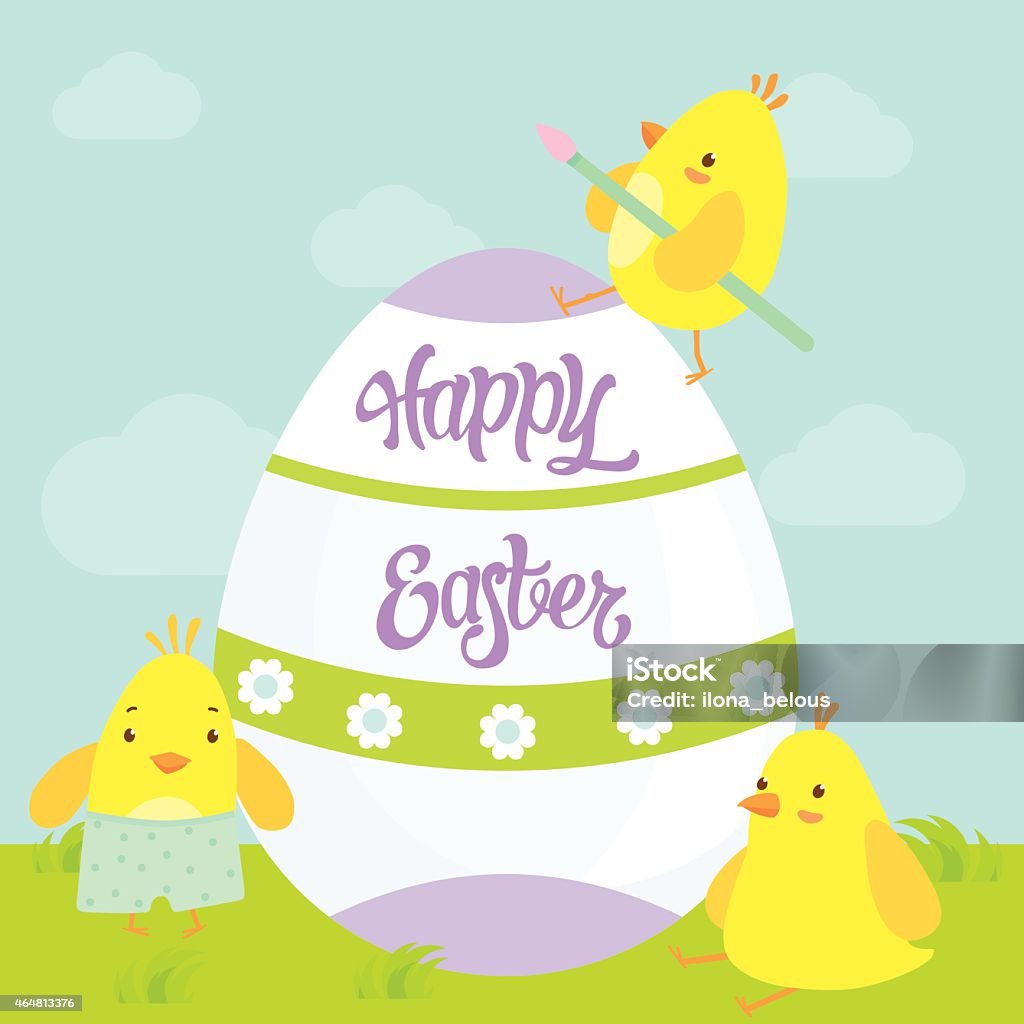 Easter postcard with cute chickens and big egg. Easter postcard with cute little chickens and big decorated holiday egg. Happy Easter lettering. 2015 stock vector