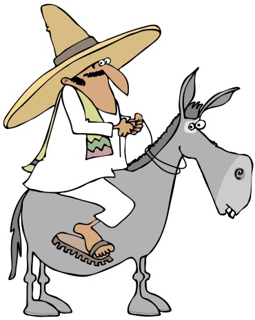 This illustration depicts a Mexican man wearing a sombrero and sandals riding on a donkey.
