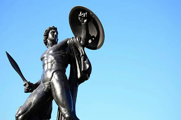 The Victorian bronze Achilles statue known as the Wellington Monument at Hyde Park Corner, London, England,UK, which was sculpted by Richard Westmacott and erected in 1822, as a monument to the Duke of Wellington