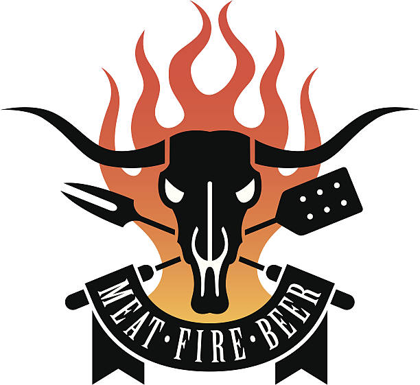 Barbecue Symbol Barbecue vector symbol features a cow skull and crossed utensils with flames and a banner proclaiming the holy triumvirate of barbecue: meat, fire and beer. animal skull cow bull horned stock illustrations