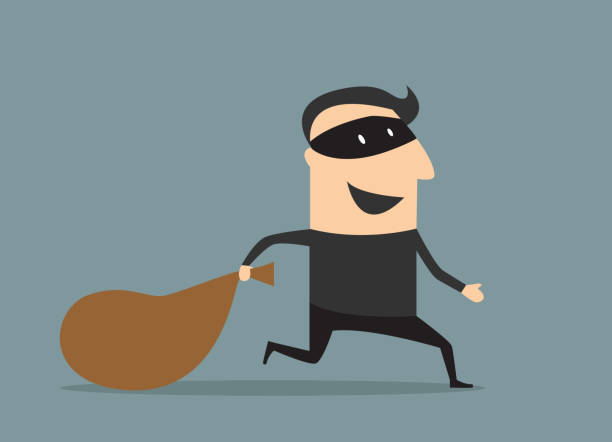 Cartoon thief in mask with sack Cartooned thief in black mask and costume running away from the pursuit dragging sack with loot cartoon burglar stock illustrations