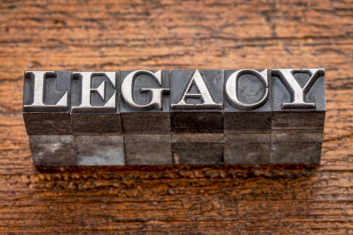 legacy  word in mixed vintage metal type printing blocks over grunge wood