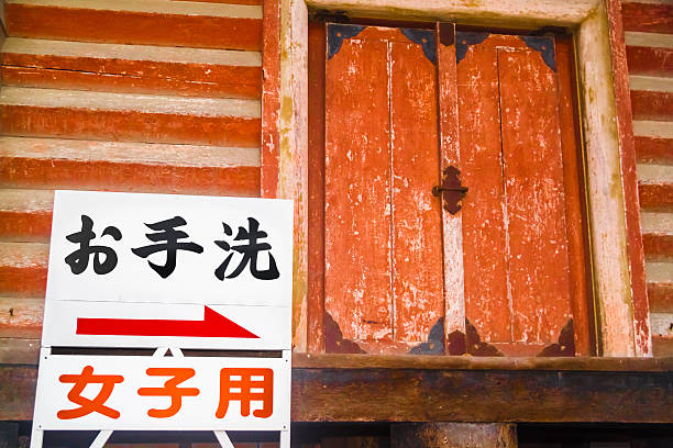 Restroom signboard in an old japanese building An old Japanese information board displaying where a public restroom is. toilet sign in japanese style stock pictures, royalty-free photos & images