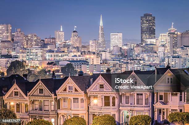 The Painted Ladies San Francisco Skyline Stock Photo - Download Image Now - Architecture, Awe, Blue Hour - Twilight