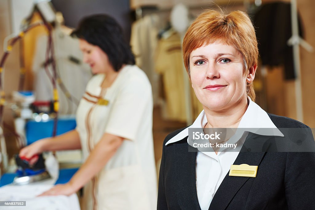 Hotel linen service Portrait of hotel linen cleaning service manager.  Manager Stock Photo