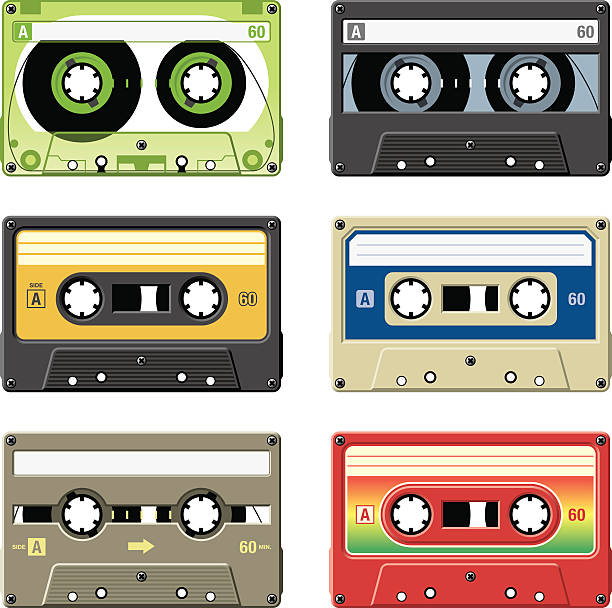 Retro cassette tapes with a variety of colors and labels vector art illustration