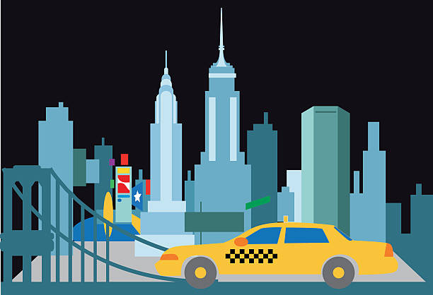 Illustration of the New York skyline with a taxi New York City skyline times square stock illustrations