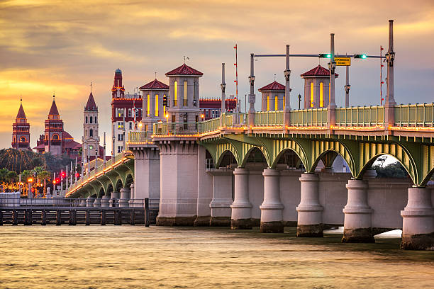 St, Augustine, Florida Skyline St. Augustine, Florida, USA city skyline and Bridge of Lions. bridge of lions stock pictures, royalty-free photos & images