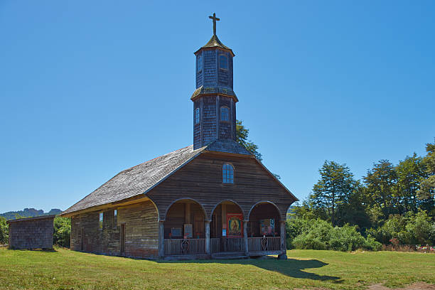 Historic wooden church, Iglesia de Colo, built in the 17th century by Jesuit missionaries on the island of Chiloe in Chile.