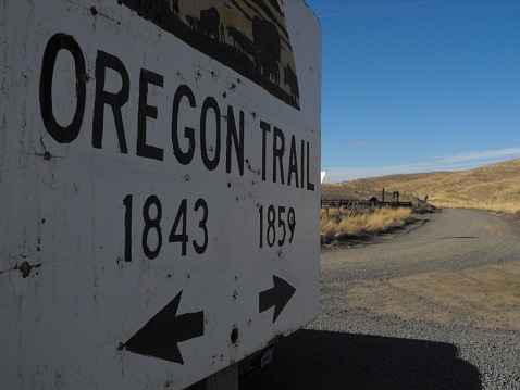Oregon Trail Sign near an old corral in Fossil, Oregon