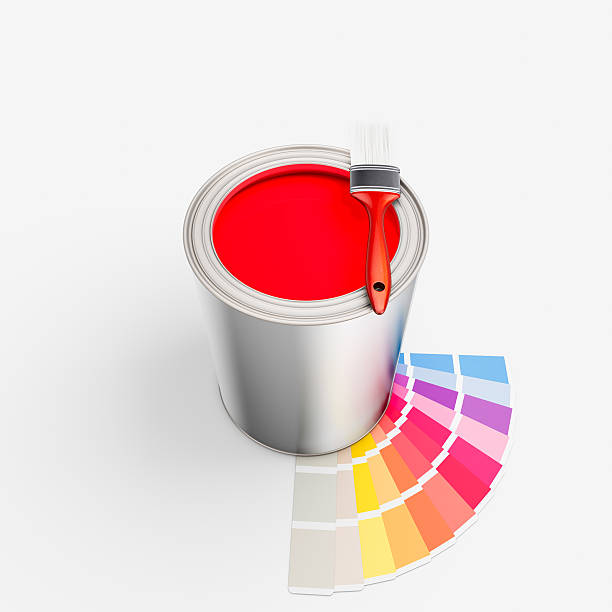 istock red paint bucket,brush and color chart on isolated background 464852680