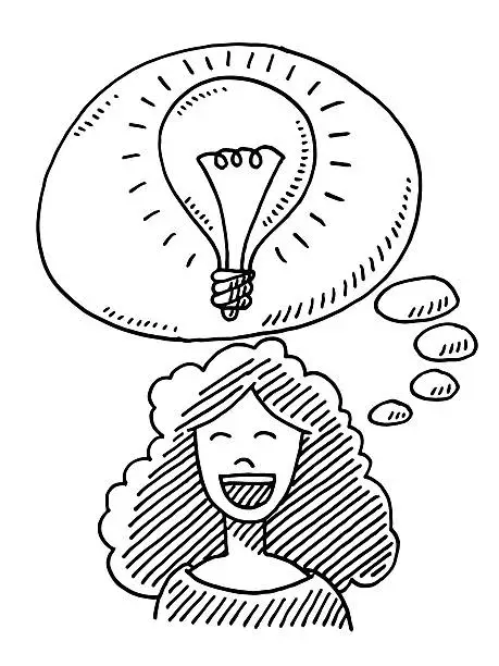 Vector illustration of Happy Woman Idea Lightbulb Drawing