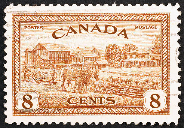 istock Vintage canadian stamp with a farm 464853021