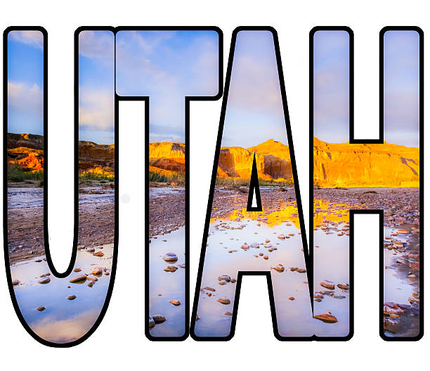 postcard perfect utah typography design of utah with sunset landscape.  horizontal composition on white background.  grand staircase escalante national monument. grand staircase escalante national monument stock pictures, royalty-free photos & images