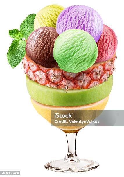 Ice Cream Scoops Over Fruit Slices Stock Photo - Download Image Now - 2015, Berry Fruit, Box - Container