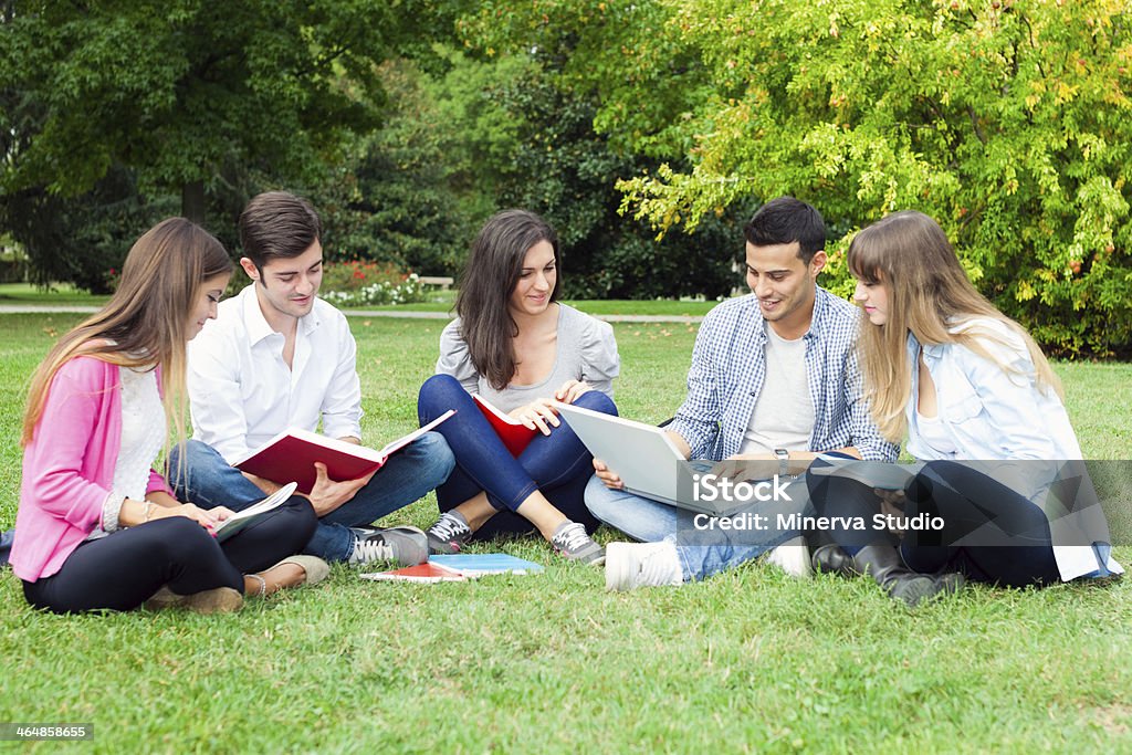 Students studying outdoor Group of students studying outdoor Adolescence Stock Photo