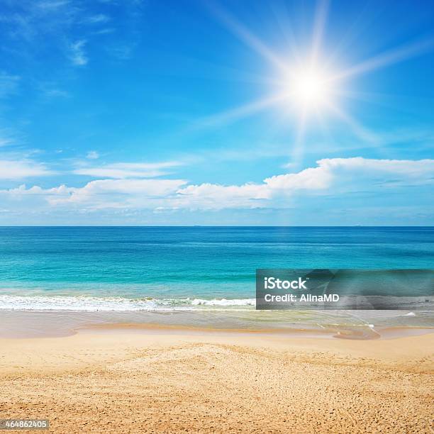 Seascape And Sun On Blue Sky Background Stock Photo - Download Image Now - Beach, Sun, Sunlight