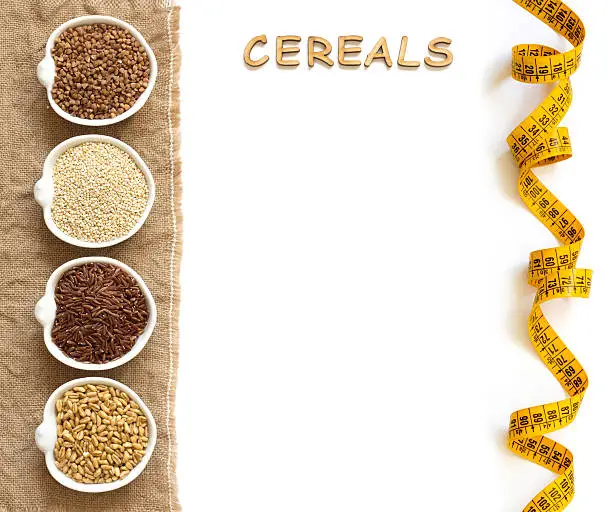 Cereals in bowls border with word Cereals isolated in white