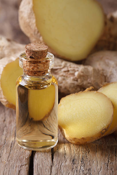 istock ginger oil in a glass bottle close-up, vertical 464873808