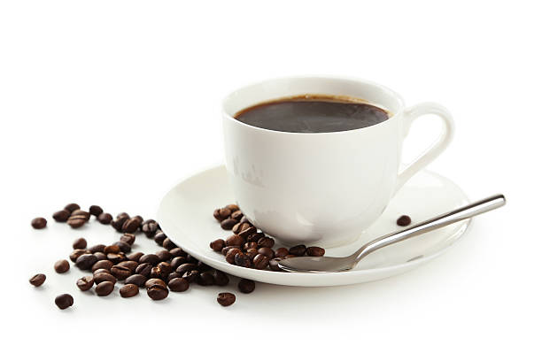 istock Cup of coffee with coffee beans isolated on white 464877758