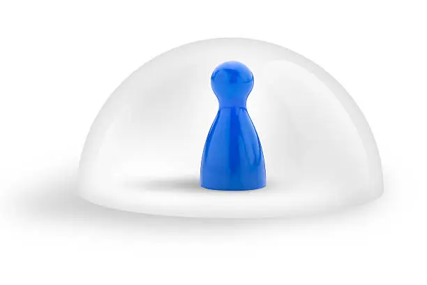 blue pawn under a bell jar on white background