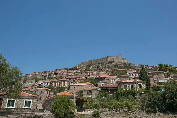 historical castle and townview molyvos at lesbos greece