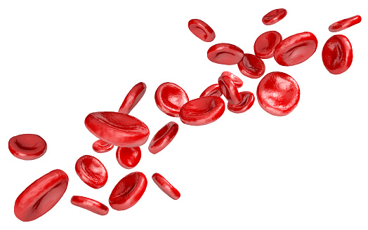 A flow of red blood cells carrying oxygen, isolated on white.