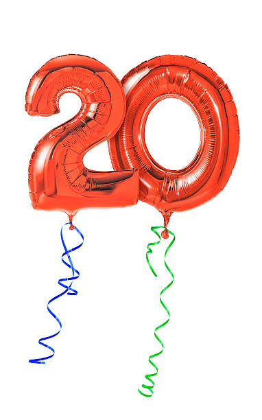 Red balloons with ribbon - Number 20 Red balloons with ribbon - Number 20 21 24 months stock pictures, royalty-free photos & images