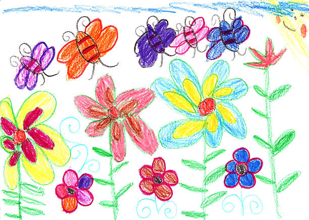 illustrazioni stock, clip art, cartoni animati e icone di tendenza di disegno di bambino api e fiori in natura - child drawing