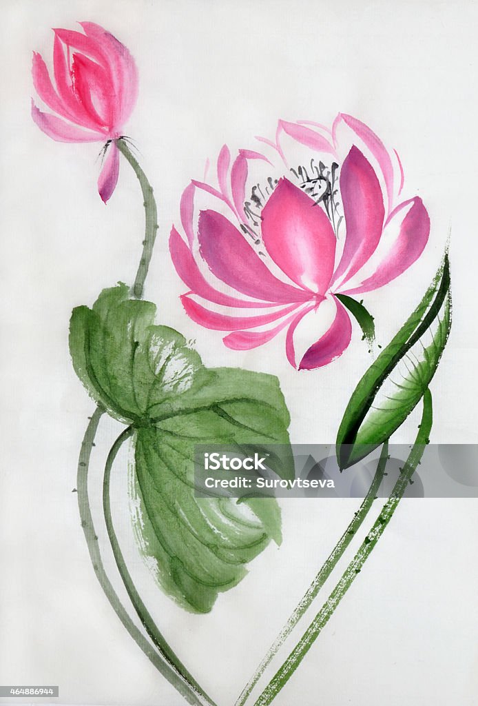Lotus flower watercolor painting Lotus flower watercolor painting on rice paper, original art, Asian style Illustration stock illustration