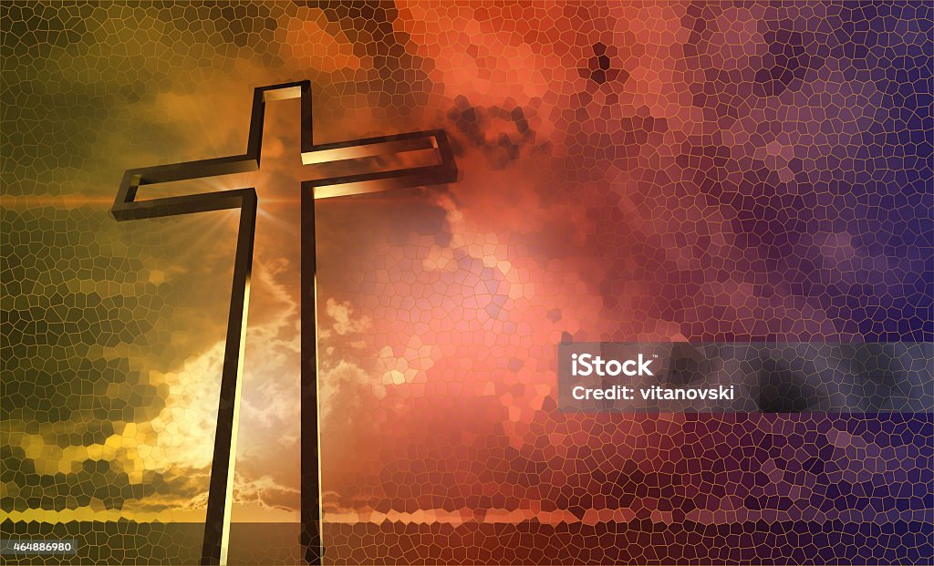 A wooden cross in front of a sunset sky Wooden cross made in 3d software Backgrounds Stock Photo