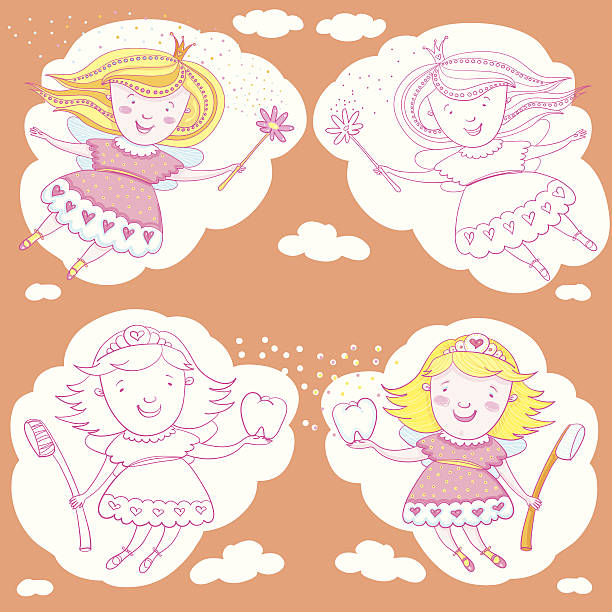 fairy, ząb i czarodziejska różdżka. - human teeth fairy cartoon toothbrush stock illustrations