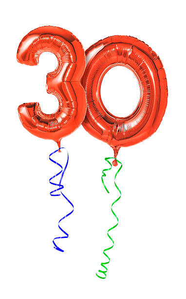 rote luftballons mit band-nummer 30 - 30 34 jahre stock-fotos und bilder