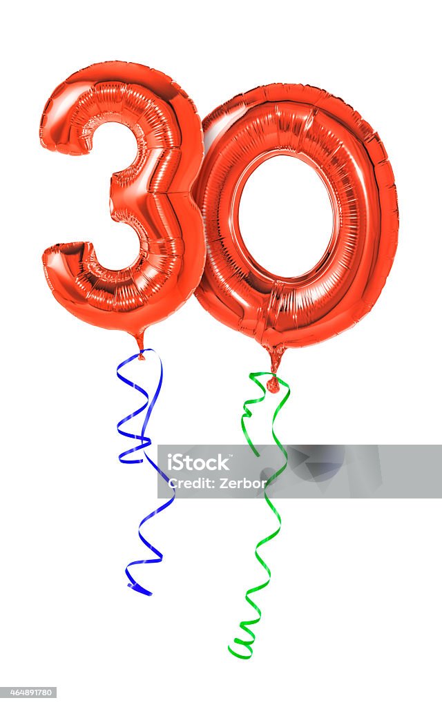 Red balloons with ribbon - Number 30 30-34 Years Stock Photo