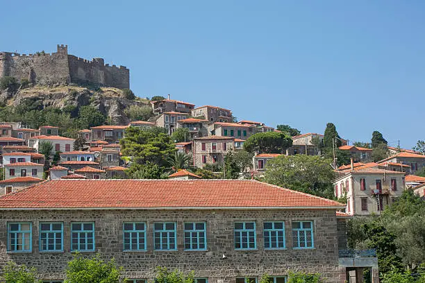 historical castle and townview molyvos at lesbos greece