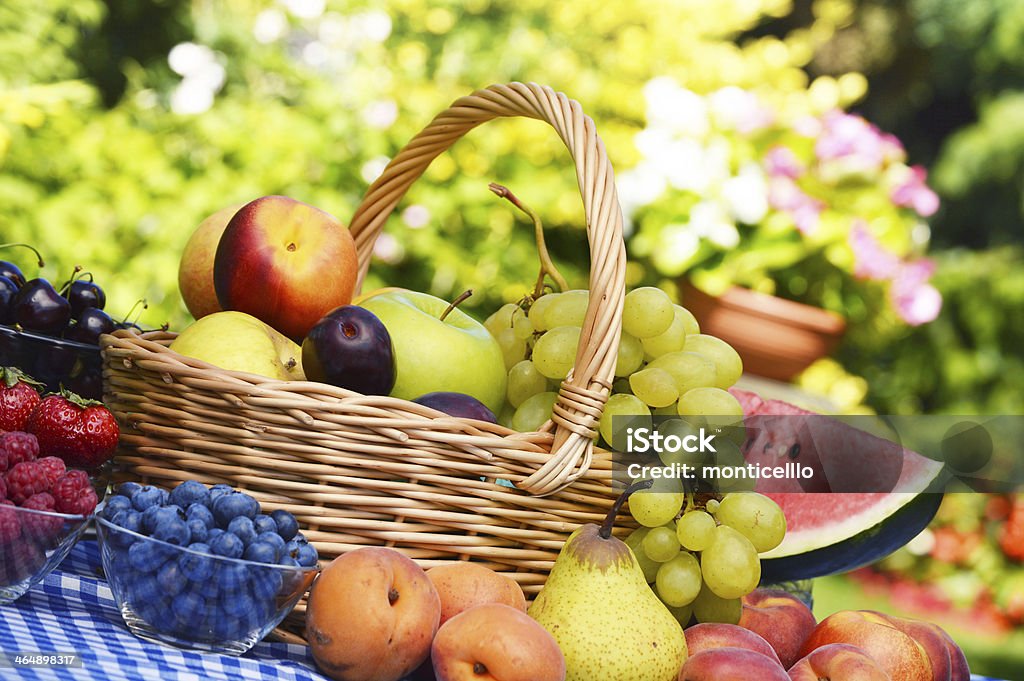 Basket of fresh organic fruits in the garden Apple - Fruit Stock Photo