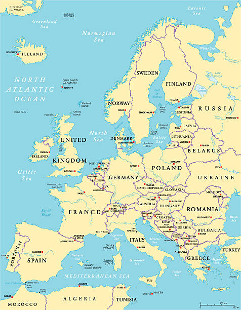 Europe Political Map Europe Political Map and the surrounding region. With countries, capitals, national borders and big rivers and lakes. English labeling and scaling. Illustration. denmark germany map stock illustrations