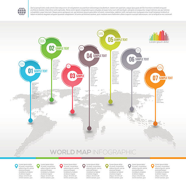 illustrazioni stock, clip art, cartoni animati e icone di tendenza di mappa mondo di infografica con mappa puntatori - straight pin cartography map world map