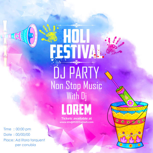 illustrazioni stock, clip art, cartoni animati e icone di tendenza di dj party banner di holi celebrazione - holi