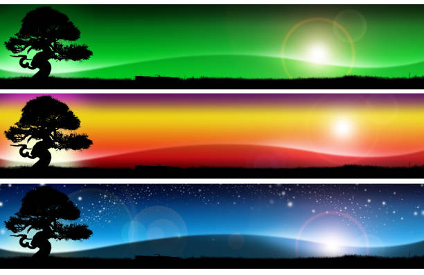 Three banners with colorful landscapes of fantasy, with grass, tree, sky and hill