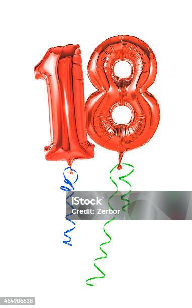 Rote Luftballons Mit Bandnumber 18 Stockfoto und mehr Bilder von 18-19 Jahre - 18-19 Jahre, Zahl 18, Geburtstag