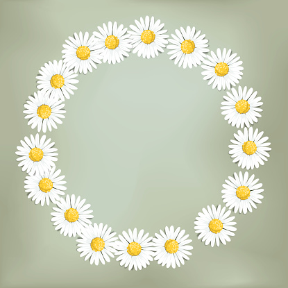 Vector illustration of a ring of daisies on a green background with copy space. Can be used as a Valentine‘s Day Card.