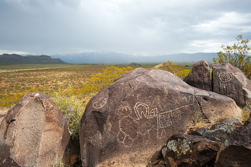 Old Indian inscriptions or petroglyphs in New Mexico